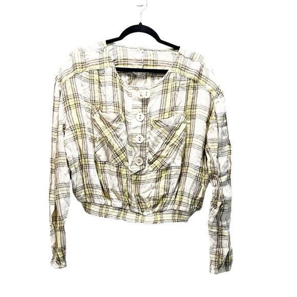Free People It’s The Good Life Plaid Top Button Front Crop Blouse Size Medium - Picture 3 of 9